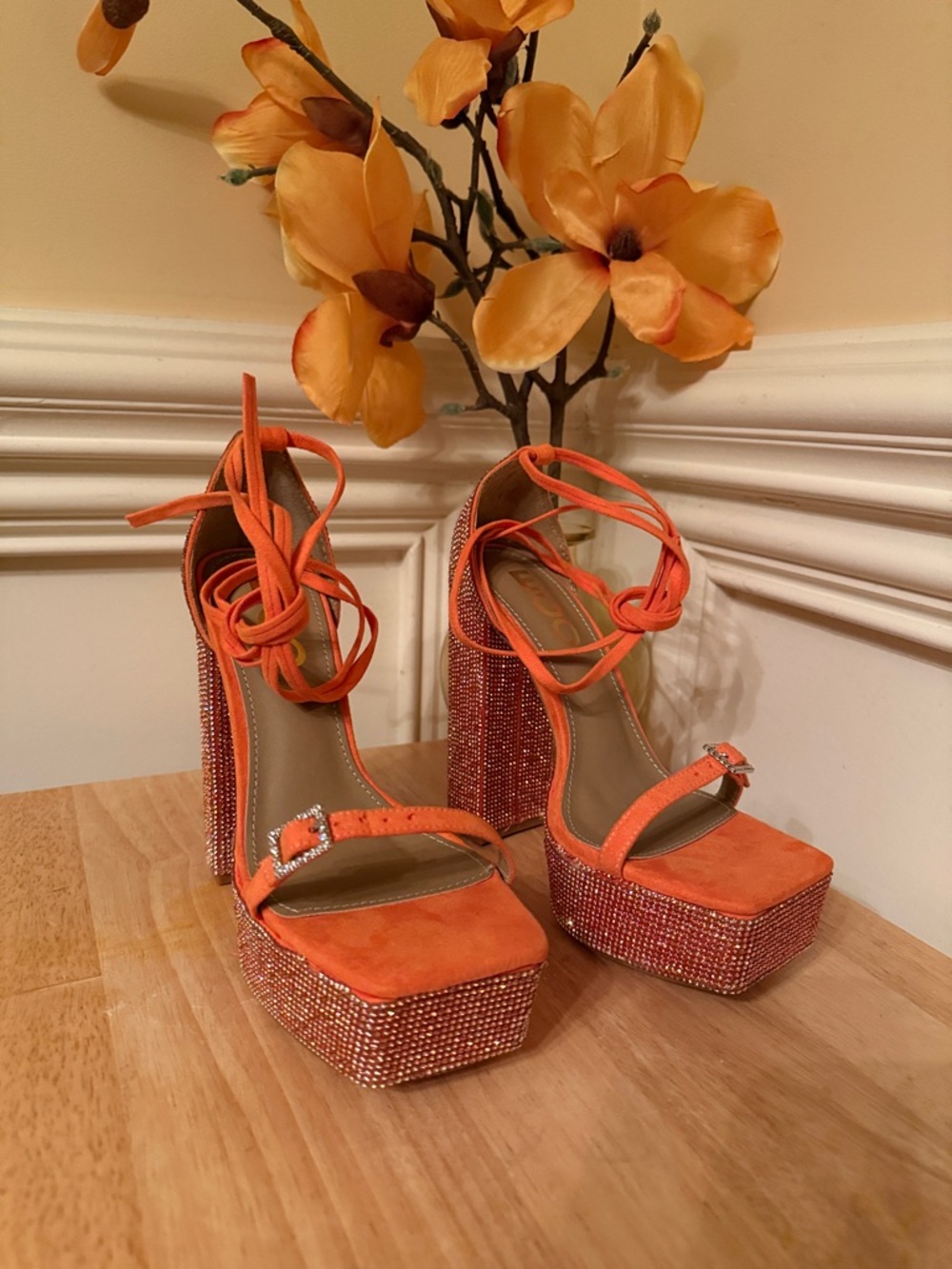 EGO Orange Rhinestone Platform Block Heels with Ankle Tie Uk 4 /‎ US 6